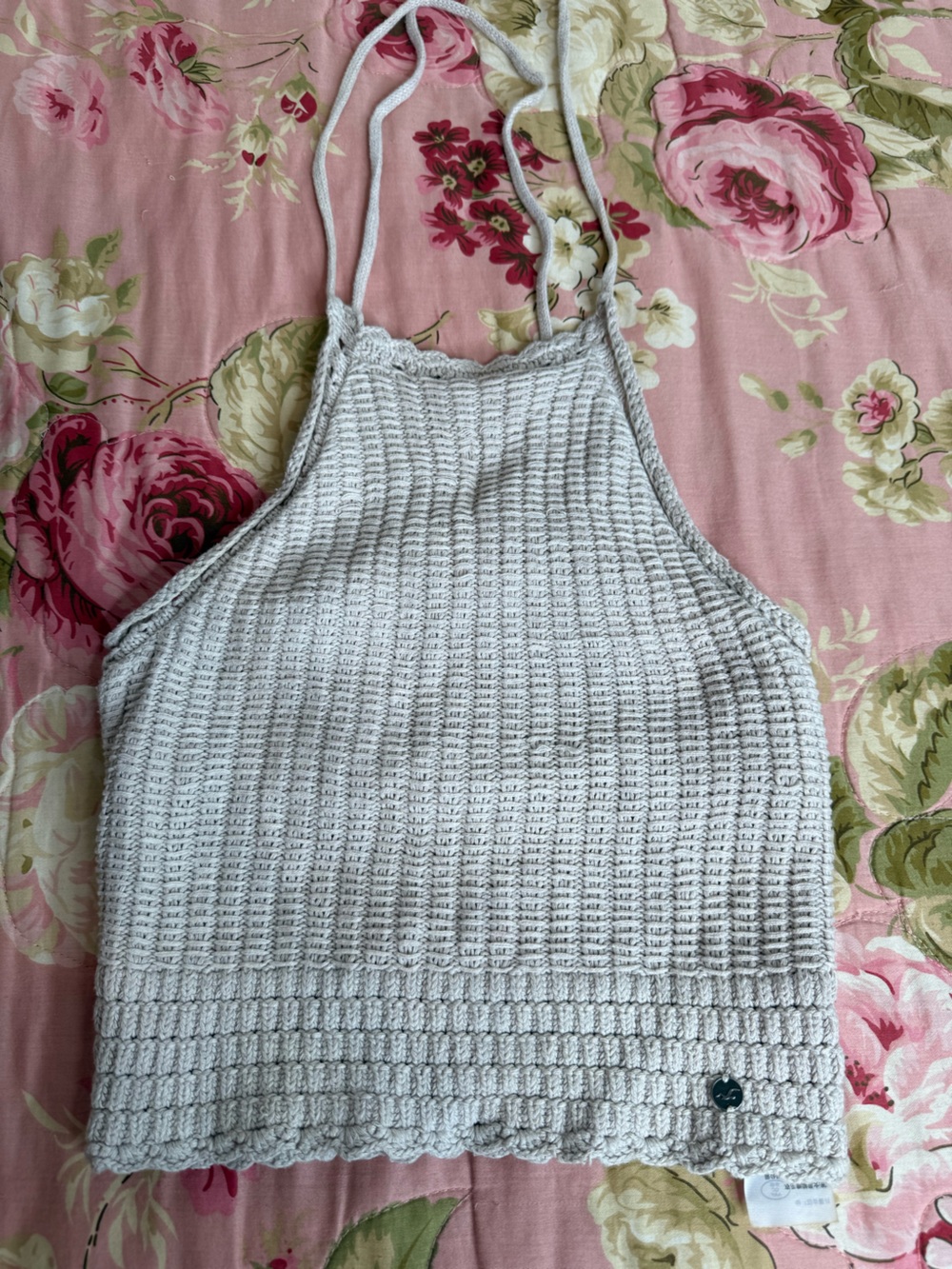 Hollister Cream Crochet Knit Halter Crop Top S Boho Festival Hippie Coastal Y2k